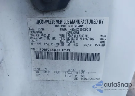 2016 Ford F-250 Xl из США, поврежденный, VIN 1FDBF2B64GED17549